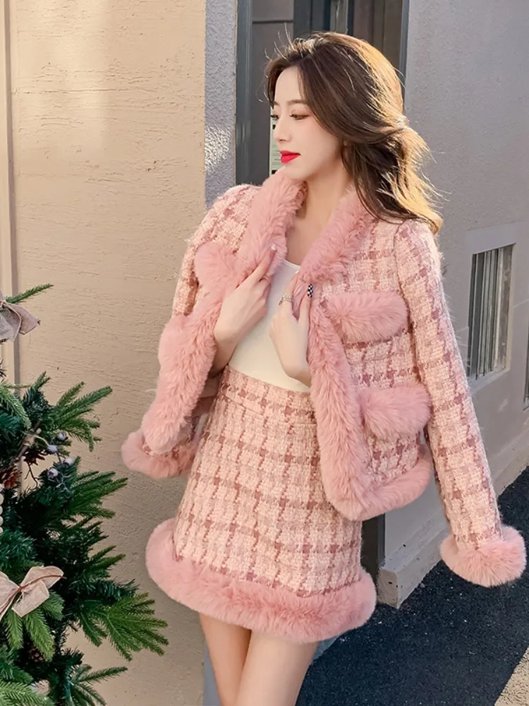 Fall Winter Pink Warm Thick Tweed Two Piece Sets For Women High Quality Elegant Wool Blend Patchwork Plaid 2 Piece Skirt Sets