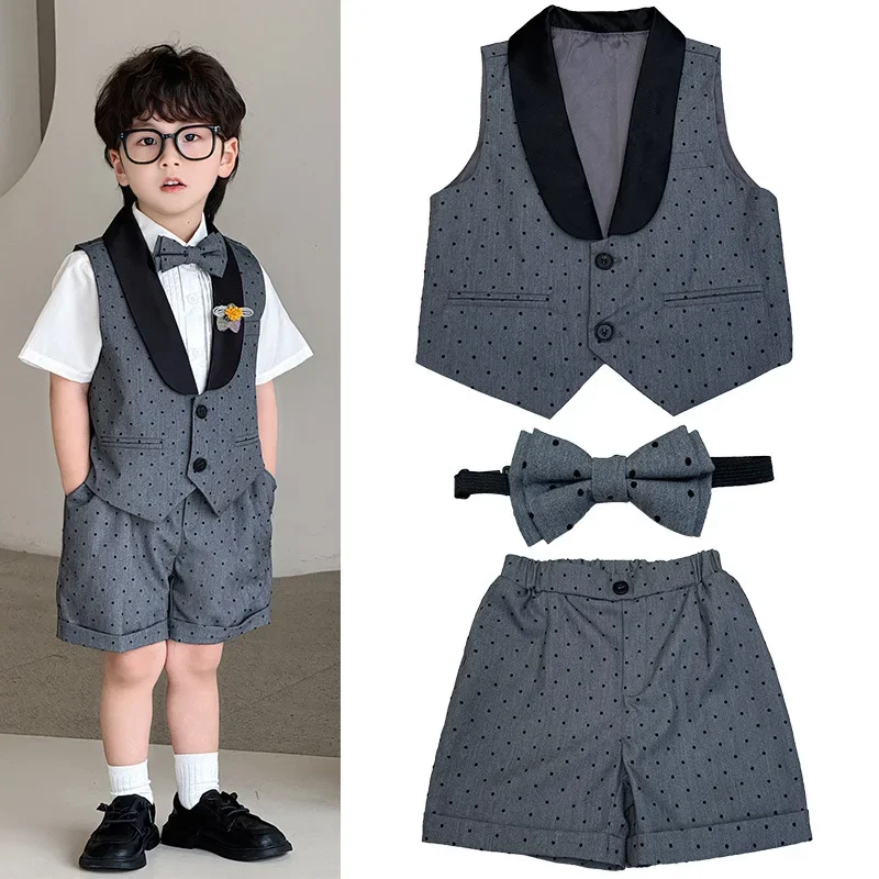 Boys Formal Tuxedo Suit Set Short Sleeve Vest Shorts Bow Tie Polka Dot Outfit for Kids Toddler Wedding Ring Bearer Pageant Party