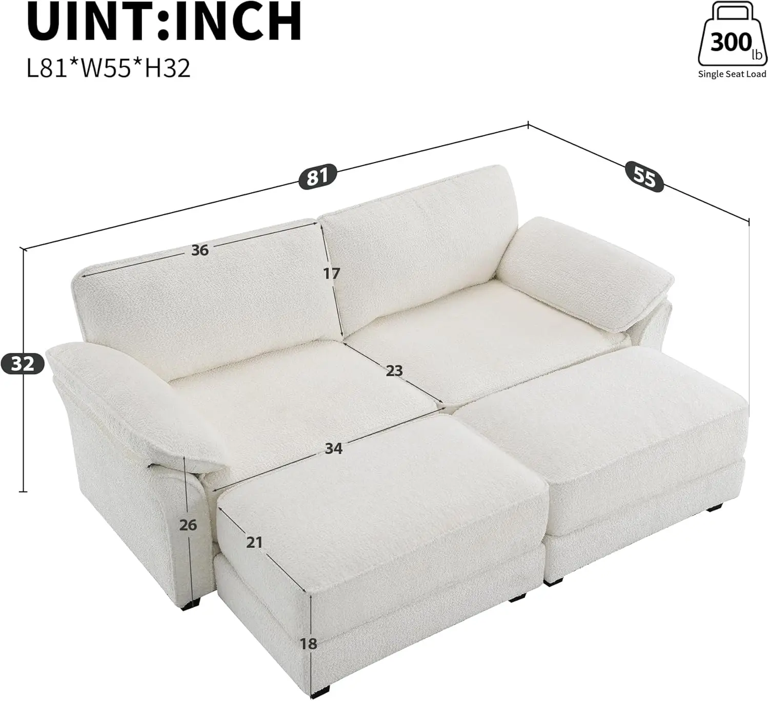 81"" Sectional Futon Couch Sofa 3-Seater Cloud Couch Free Combination Modular Sectional Chenille Sofa Bed With Ottoman