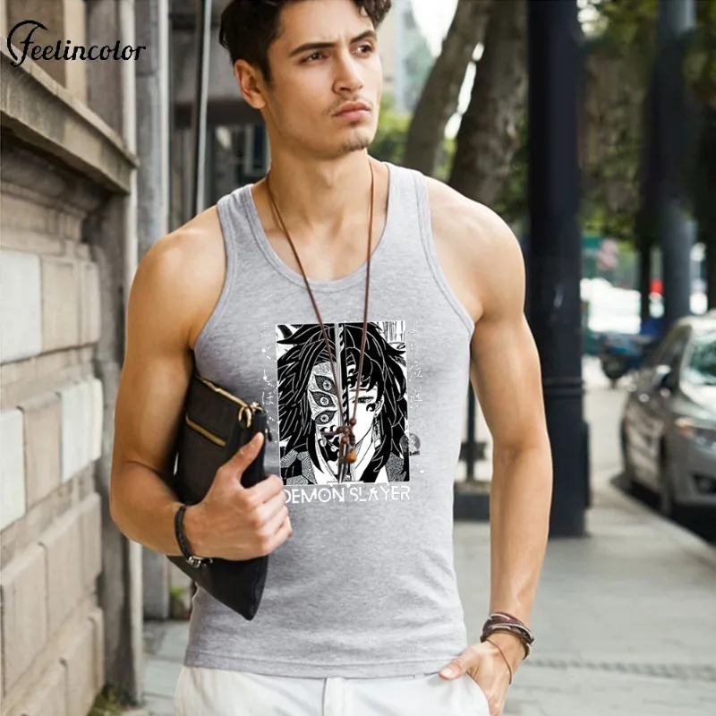 

Japanese Anime Print Sleeveless T-shirt for Men Gojo Satoru Graphic Tank Tops Summer Casual Vest Grey Loose Male Streetwear