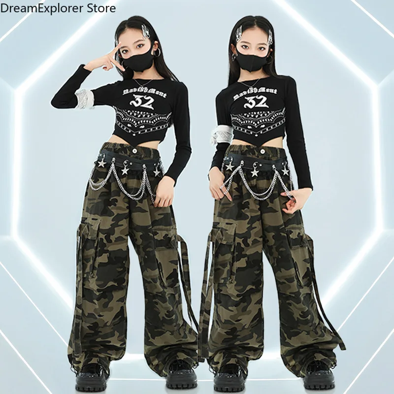 Girls K-pop Crop Top Hip Hop Camouflage Cargo Pants Clothes Sets Children Street Dance Girl Group Costumes Kids Cool Streetwear