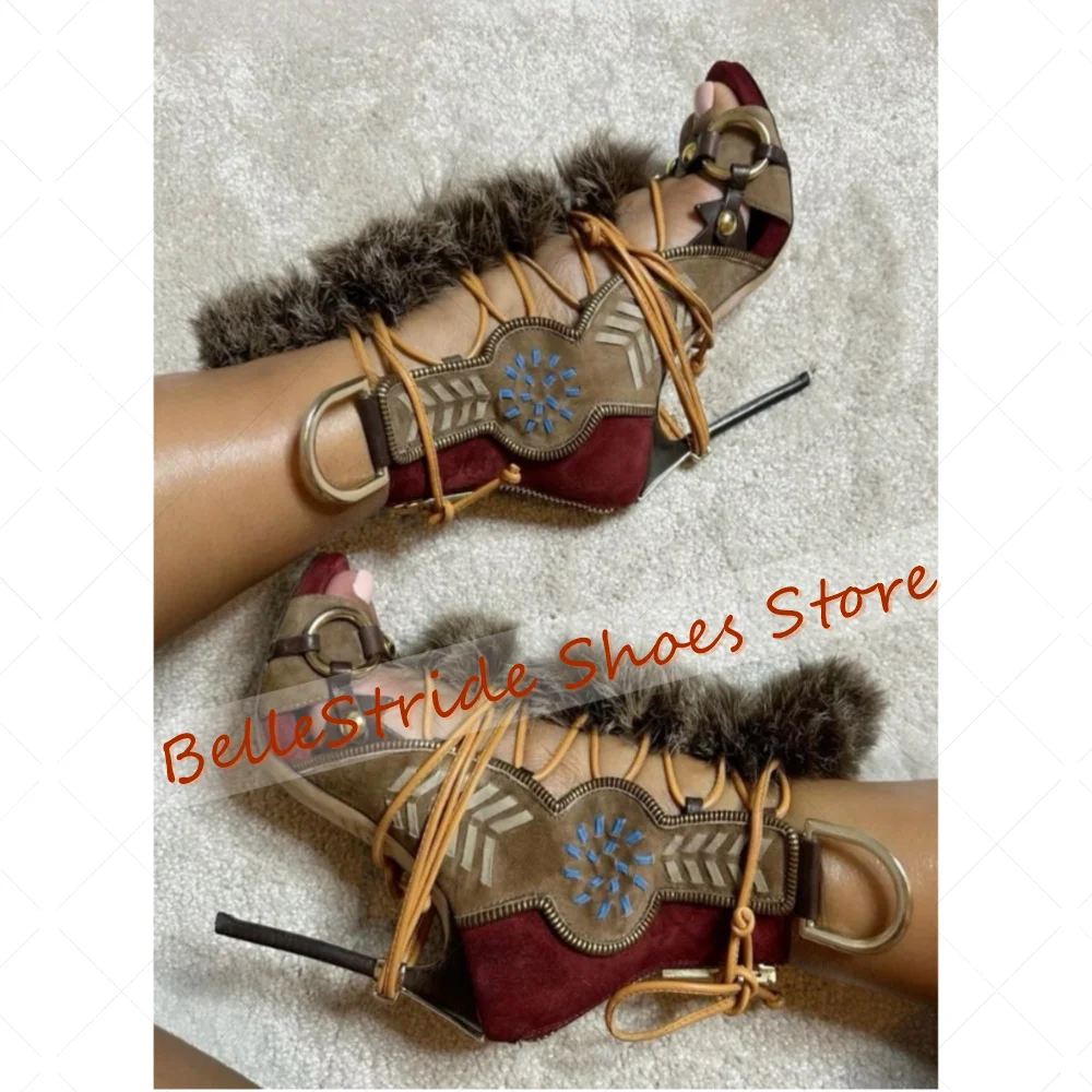

Colorful Metal Buckle Fur Design Sandals Round Toe Women Shoes Thin High Heels Party Banquet Dating 2025 Zapatos Para Mujere