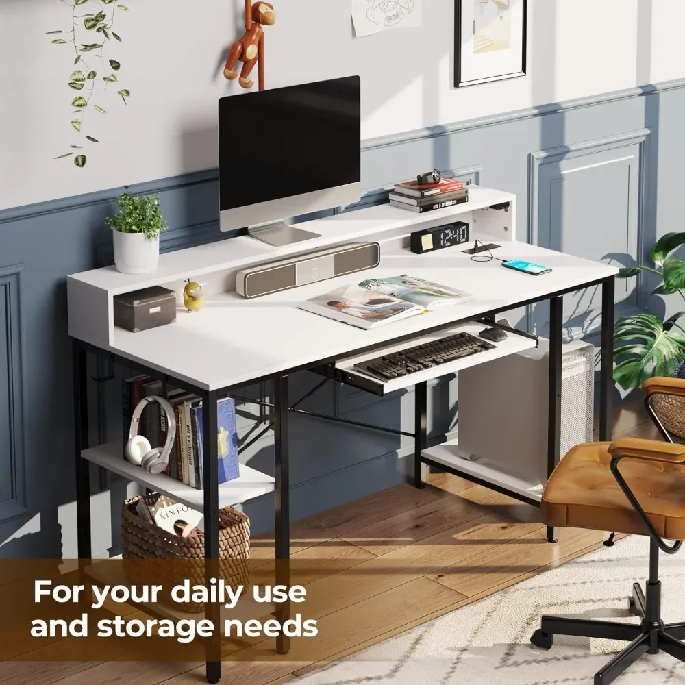 Computer Desk, 55 Inch with LED Lights & Power Outlets, Gaming Desks, with Keyboard Tray, with Monitor Stand, Computer Desk