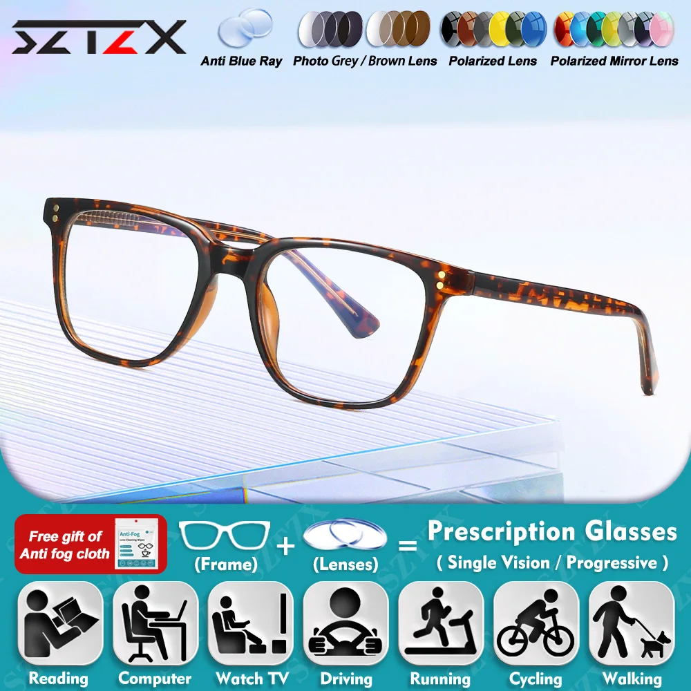 

SZTZX Versatile Square Myopia Prescription Computer Glasses High Quality Blue Light Filter Photochromic Multifocal Eyeware Women