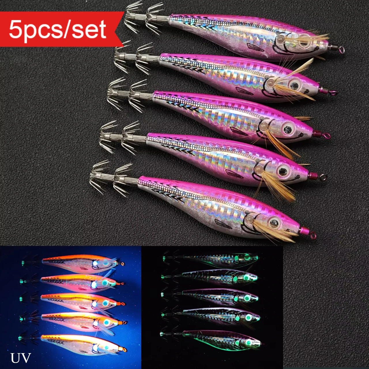5 Stück Tintenfisch-Haken, Meeres-Garnelen-Jig-Köder, Oktopus-Garnelen-Köder, Leuchtender Horizontaler Tintenfisch-Jig, Salzwasser-Köder