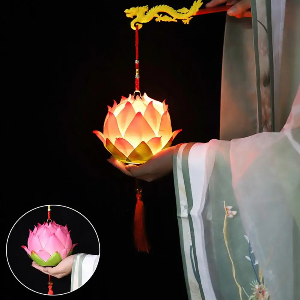 New Year Mid-Autumn Festival Lotus Flower Lantern DIY Kit with Carrying Pole Handheld Blossom Flower Glowing Lantern