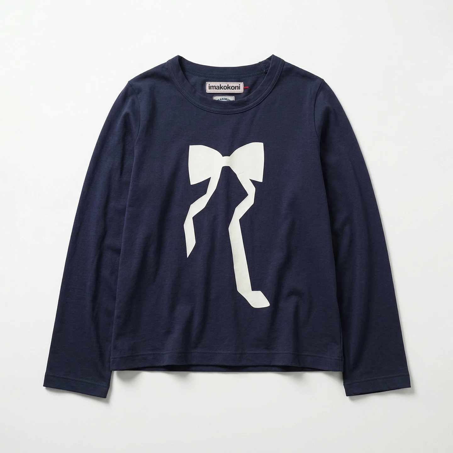 Deep blue T-shirt for women, imakokoni spring pure cotton forest style artistic bow print long sleeved round neck top 265412