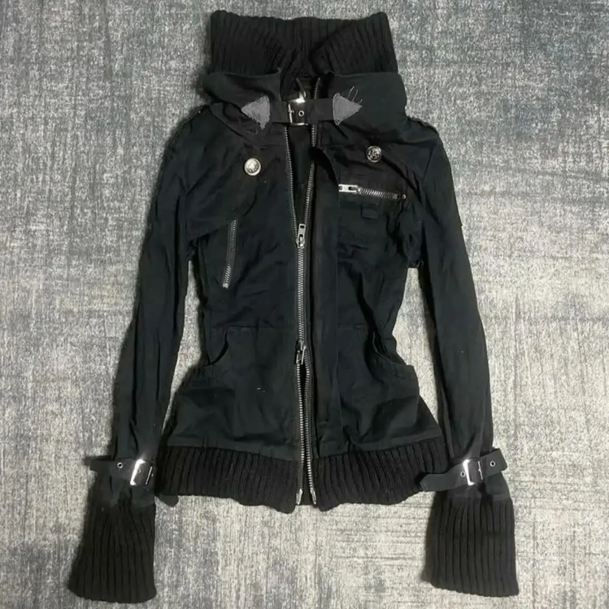 Damen Casual Schwarze Kapuzenjacke mit Reißverschluss Gerippter Strickkragen Langarm Herbst Frühling Streetwear Y2K-Stil Oberbekleidung