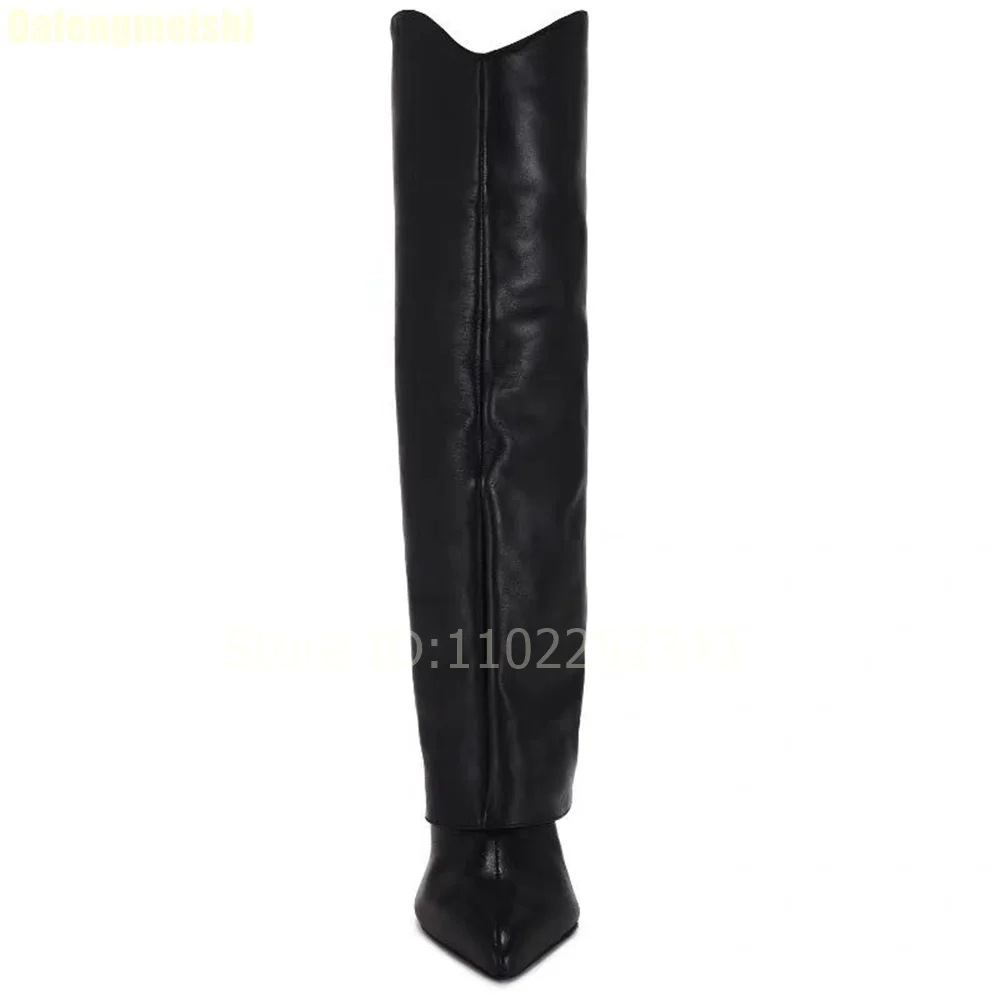 جلد أسود أحذية عالية في الركبة تحول على حافة كعب رقيق أشار تو أحذية الموضة 2025 شتاء بسيط أحذية عالية الكعب غير رسمية #3