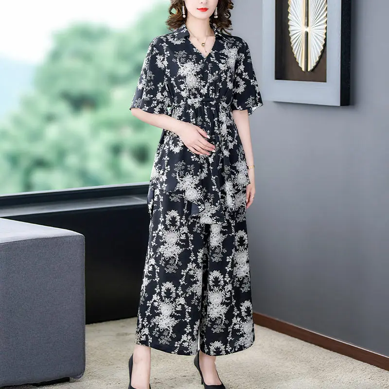 Summer Large Size Women's Fashion Print Top Wide Leg Pants Two Piece Casual Set V-Neck Long Shirt And Trousers Outfits Z1419