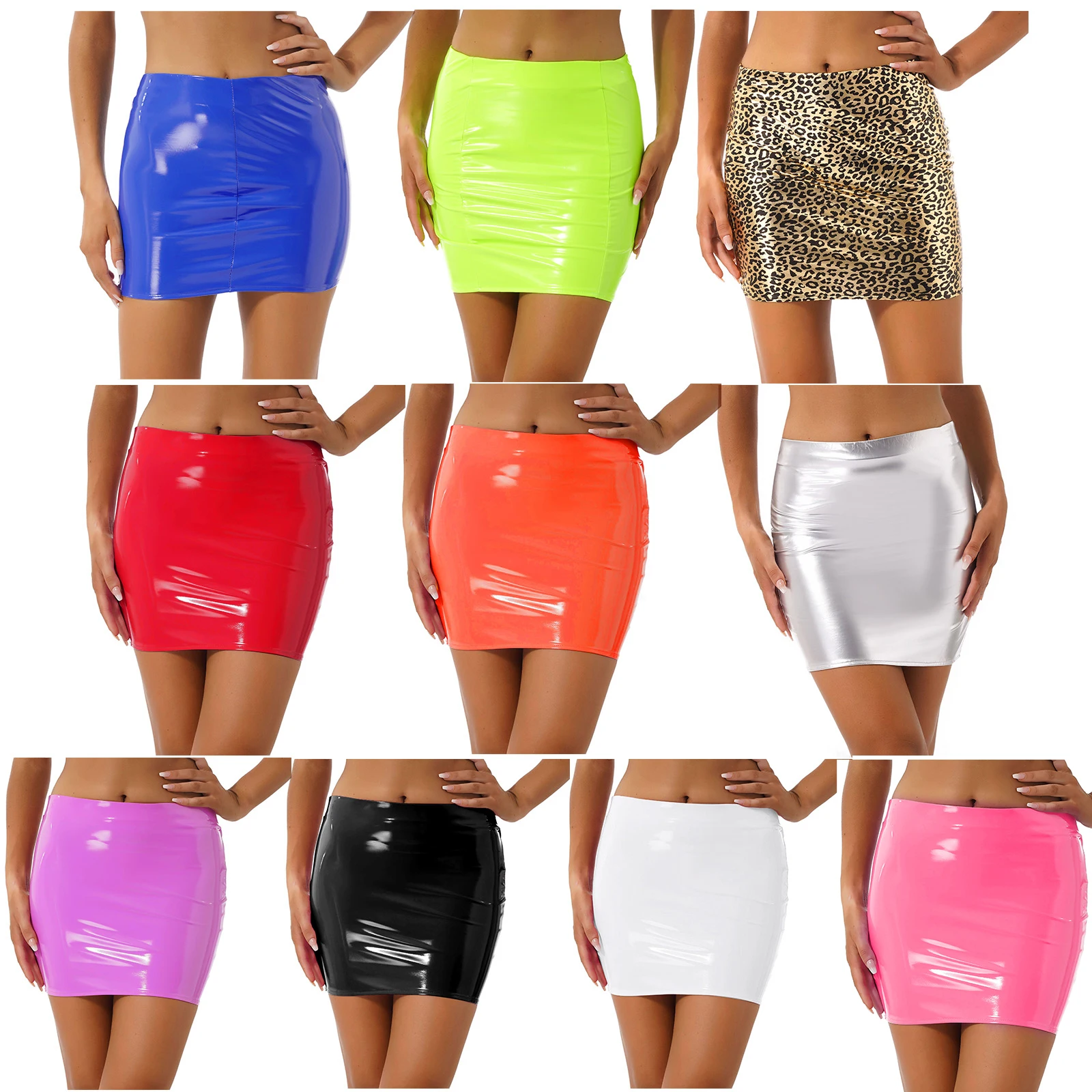 Women Sexy Skirts Glossy Patent Leather Miniskirt  Solid Color Elastic Waistband Bodycon Pencil Skirt Music Festival Clubwear