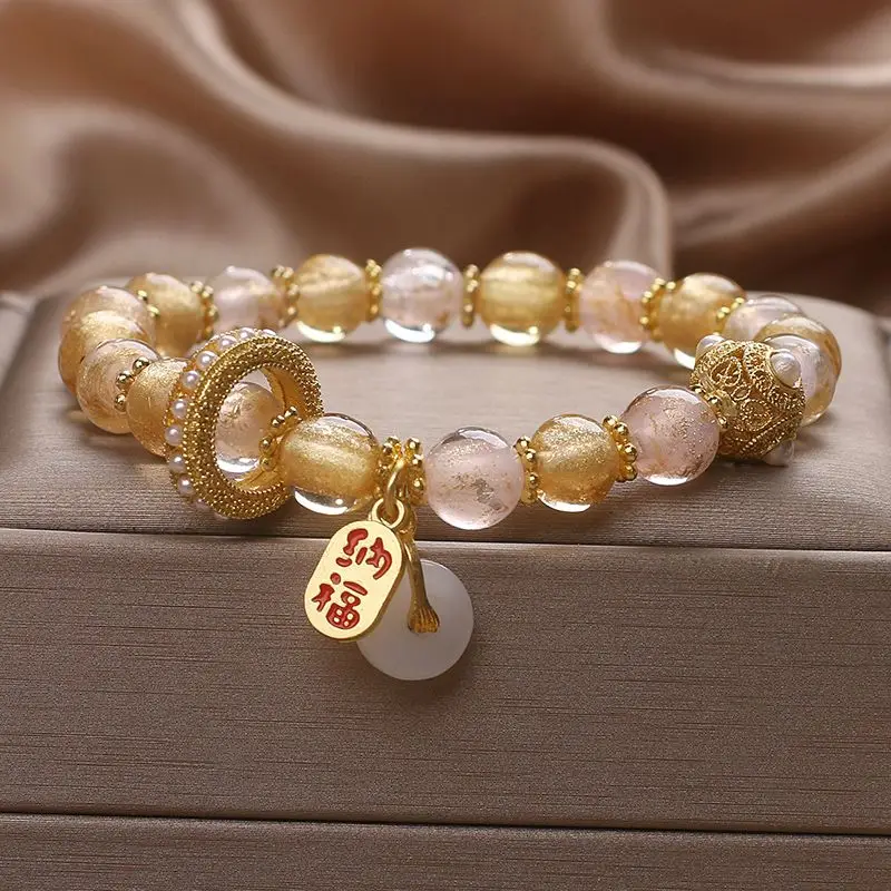 

Incense Ash Glaze Bracelet Pink Golden Quicksand Crystal White Hand String Light Luxury Exquisite Running Ring Safe Buckle Women