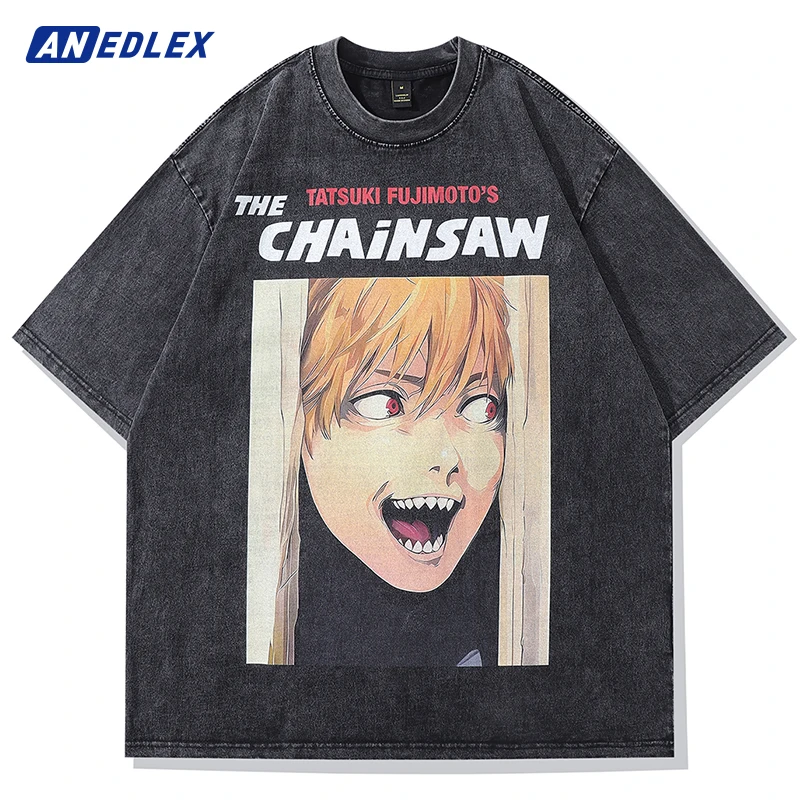 

Men Washed T Shirt Japanese Anime Chainsaw Man Graphic Print TShirt Summer Oversized Vintage T-Shirt Women Harajuku Cotton Tees