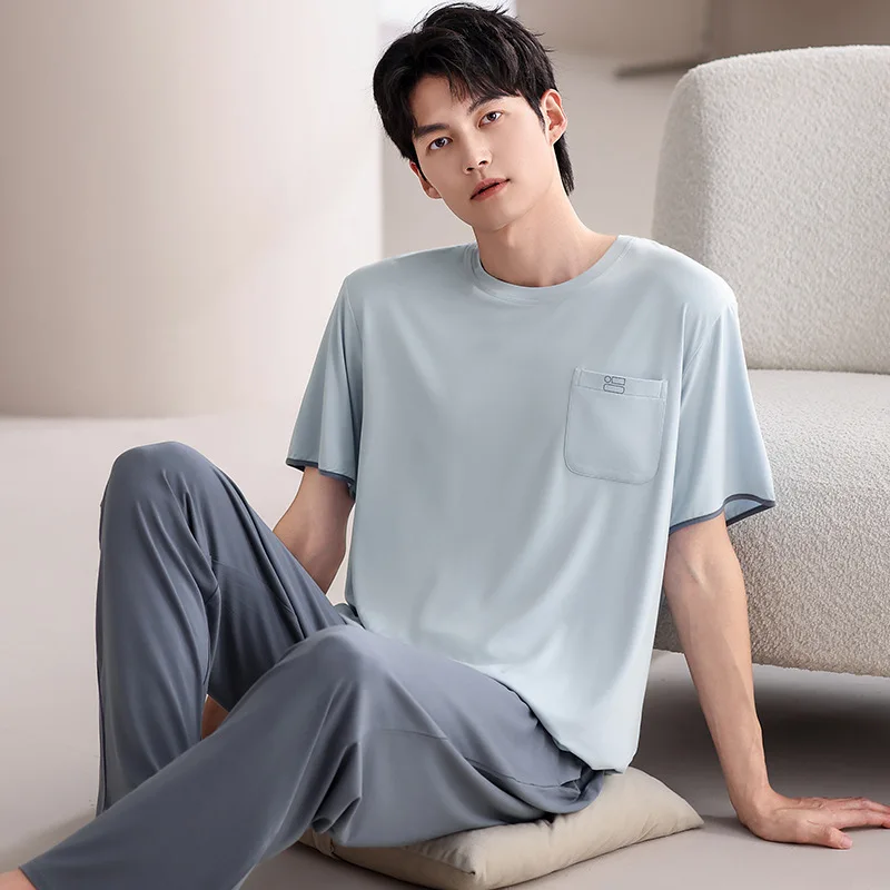 

Мужской летний новый комплект для сна из модала: футболка с коротким рукавом и длинные брюки, тонкая домашняя одежда для подростков, большие размеры, для улицы