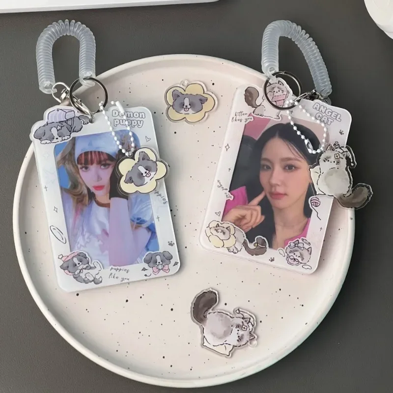 

Kawaii Cute Chic Kpop Photocard Holder Cartoon Anime Puppy Kitten Student ID Card Protector with Lanyard Photo Card Cover Case