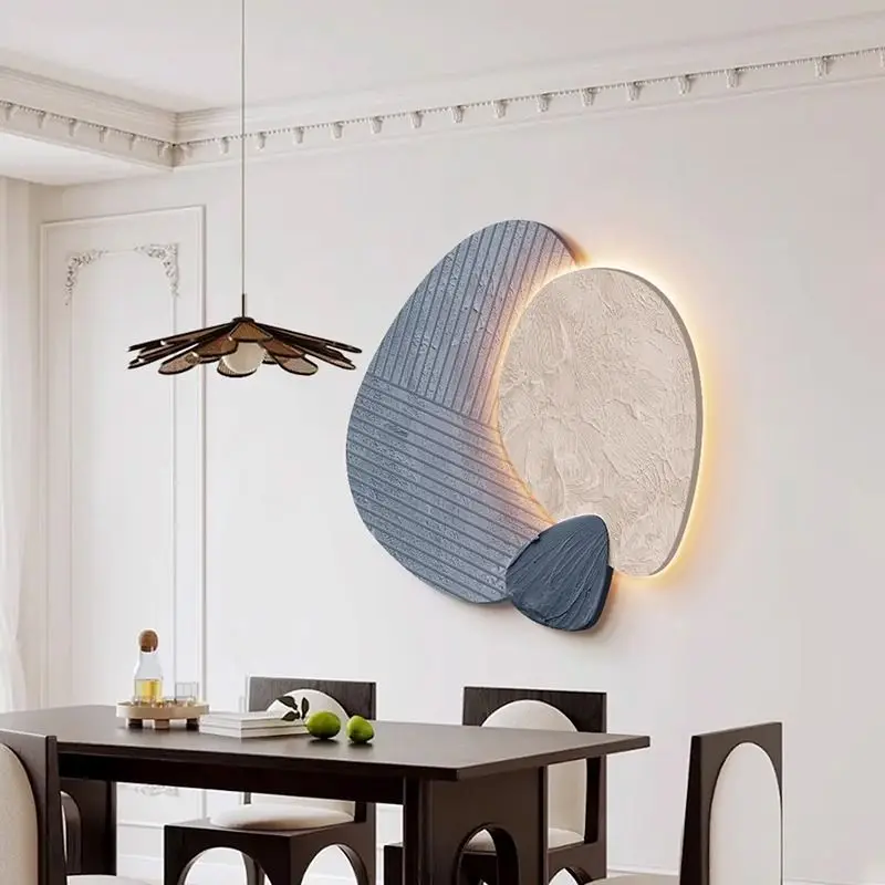 French Cream Style LED Illuminated Good Fortune Stone Painting Wall Light for Living Room Dining Room