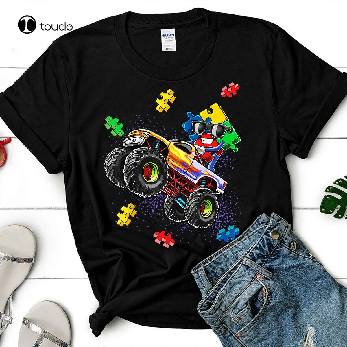 New Freeship Monster Truck Autism Awareness Puzzle Piece Gift For Boys Gift T-Shirt Tee Shirt Cotton T Shirt Women Shirts Xs-5Xl