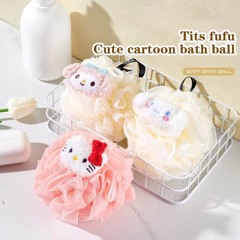 Kawaii Sanrio Hello Kitty Bath Flower Melody Shower Ball Large Girl Bathing Cute Back Rubbing Cartoon Doll Super Soft Bath Ball