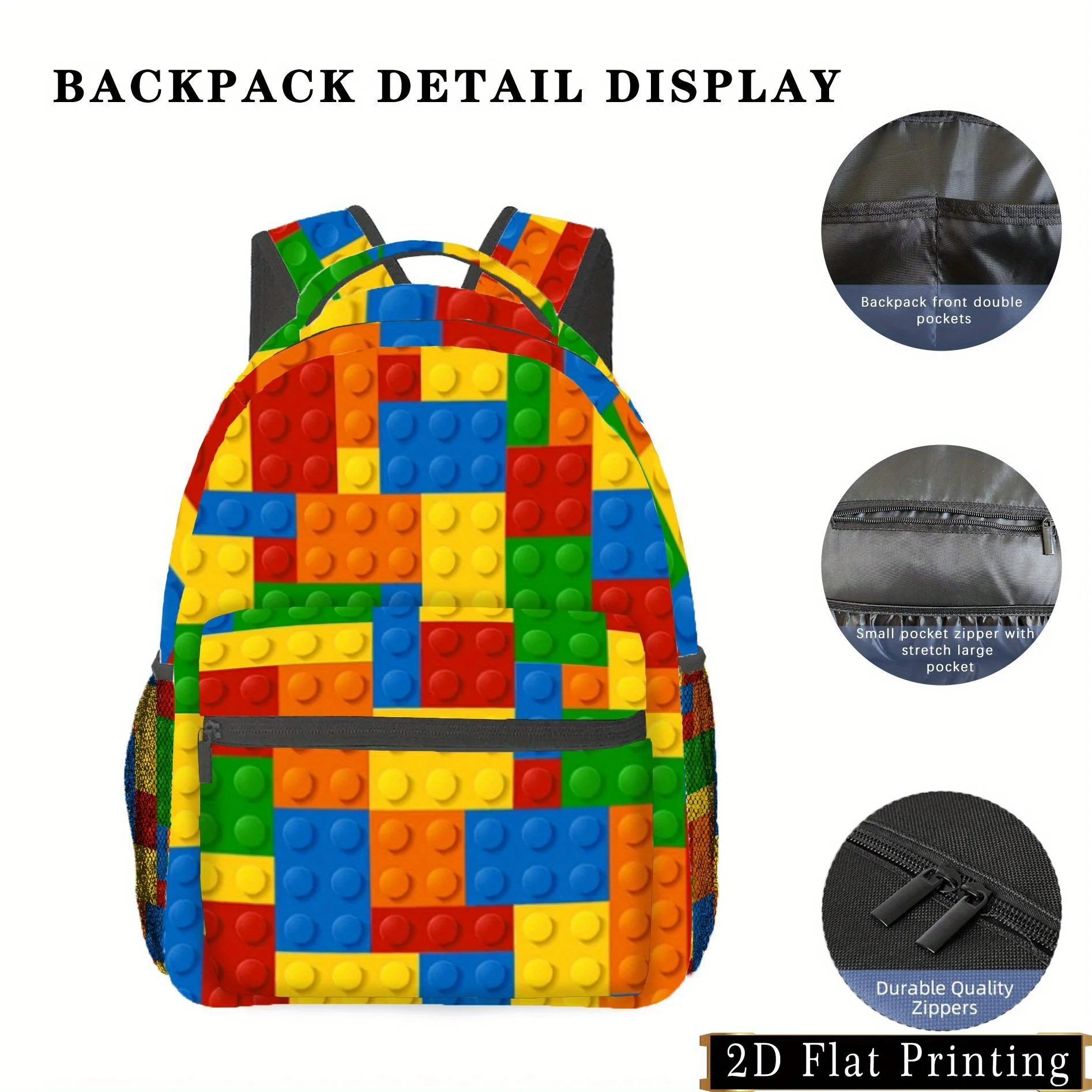 

Красочный рюкзак с узором Lego Block, игривое здание, кирпичная школа, дорожное качество, незаменимое для ежедневных поездок и путешествий