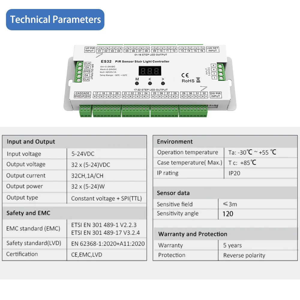 Imagem -02 - Stair Controller com Sensor de Movimento Pir Interruptor de Luz Noturna Escada Interior 32 Canais dc 5v 12v 24v Es32