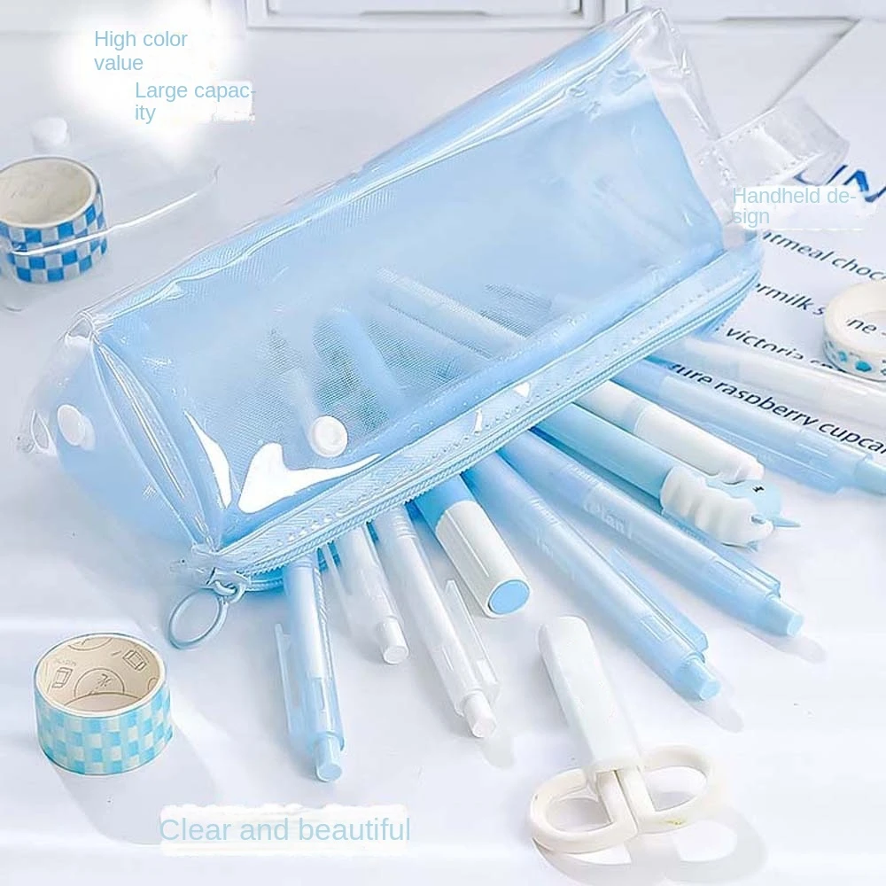 Makeup Pouch PVC Mesh Pencil Case Large Capacity Cosmetic Bag Stationery Storage Bag Clear Transparent Transparent Zipper Pouch