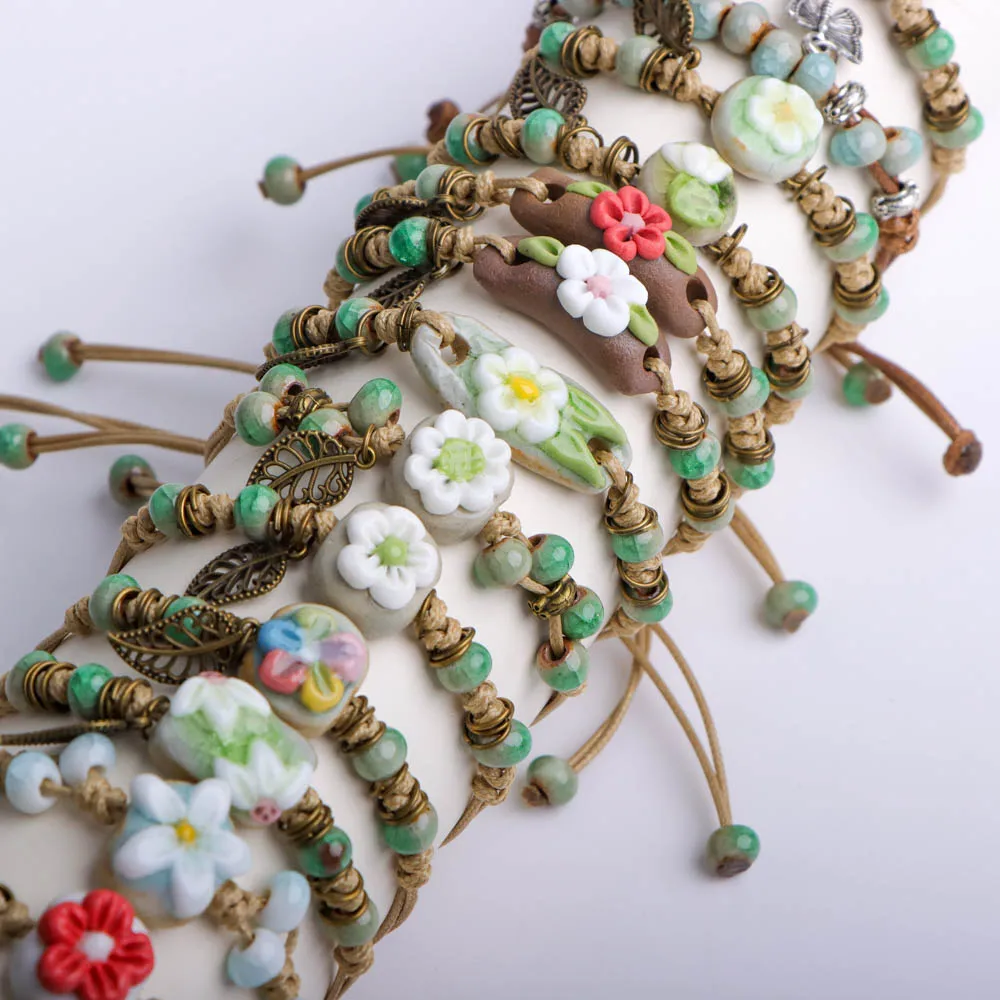 10Pcs/Lot Fashion Women's Woven Ceramics Bracelet Vintage Dried Flower Rope Men Jewelry Accessories Party Couple Friendship Gift