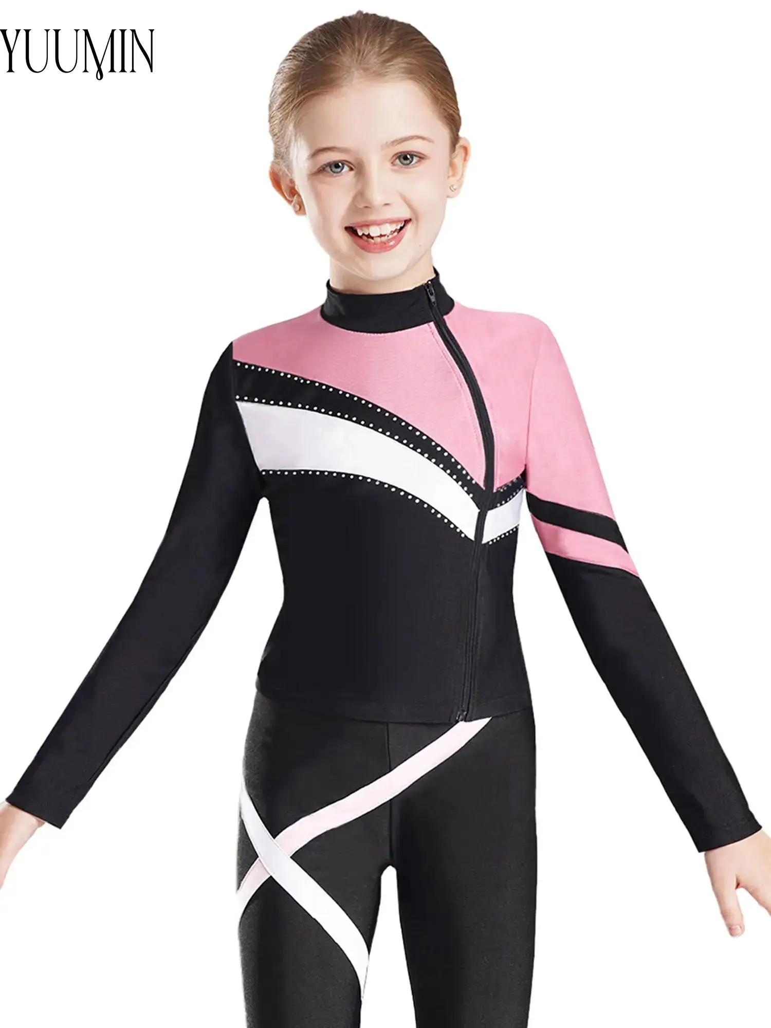 Kids Girls Sports Set Long Sleeve Side Zipper Sweatshirt Sleeveless Vest Top Leggings for Gymnastics Figure Skating Yoga Workout