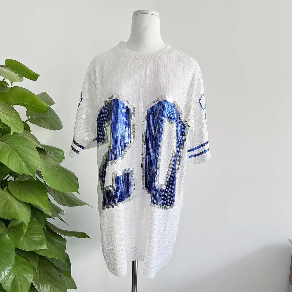 Sequin Glitter number 20 White  ZPB Clothes Half sleeve O Neck Sorority Long T Shirt