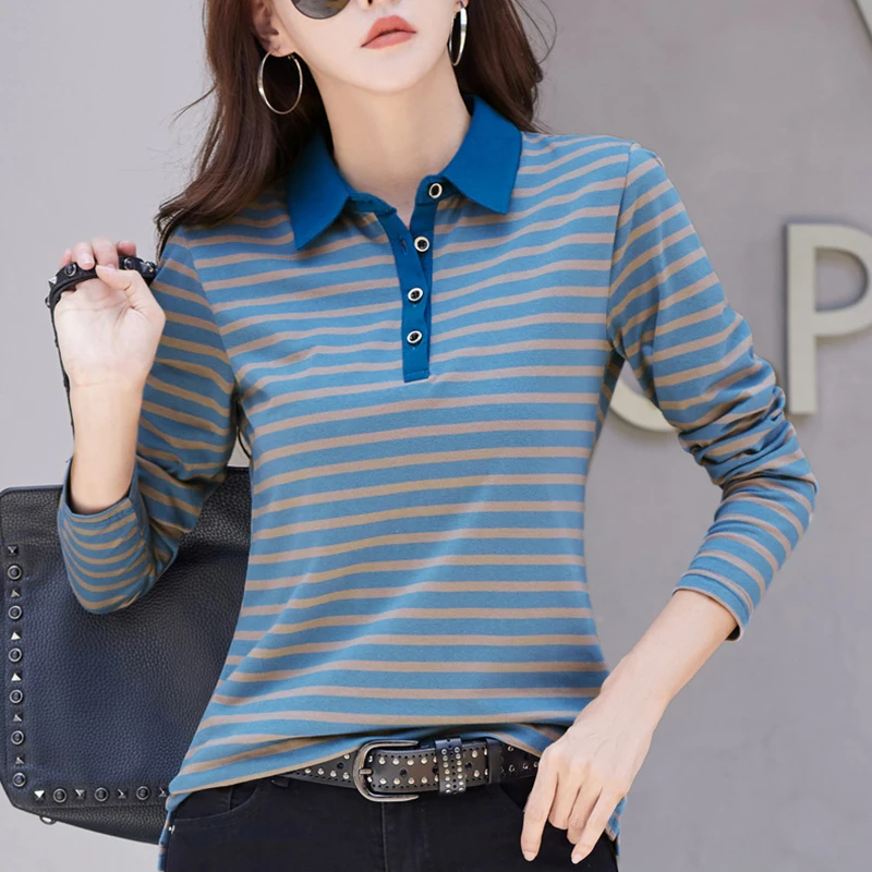 Primavera autunno vestiti bottone Tee Shirt Femme colletto rovesciato T Shirt donna manica lunga cotone magliette Casual allentate femminili