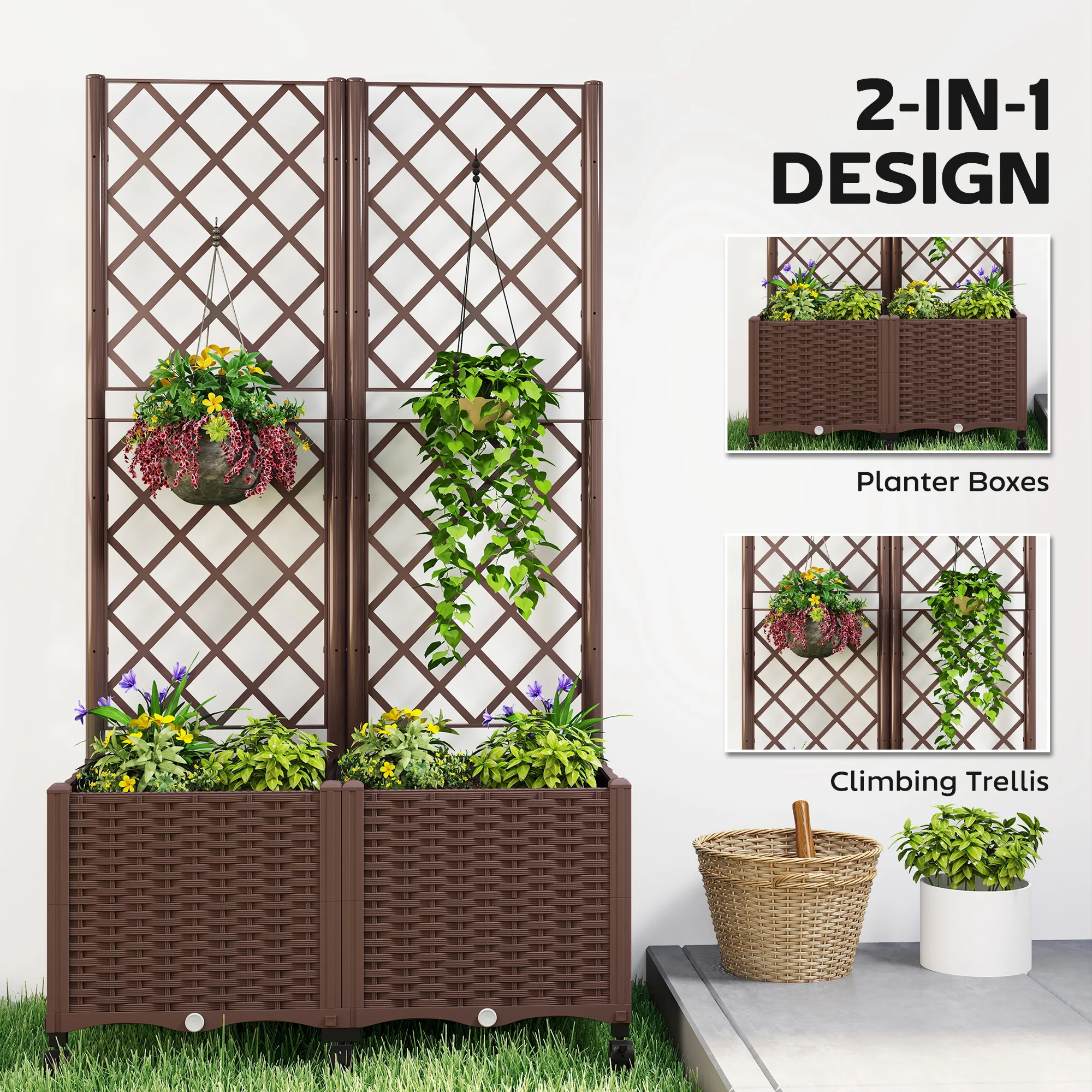 

Self Watering Raised Garden Bed with Trellis Lockable Wheels and Drainage Holes 22.5 Gallon Brown Planter Box for Patio Outdoor