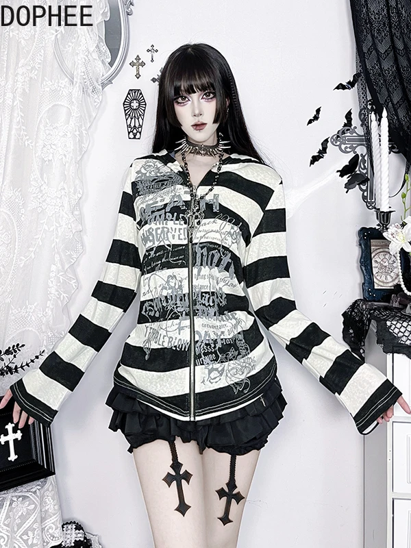

Gothic Subculture Black White Stripes Zip Hooded Cardigans Top Long Sleeve Sweatshirt Hot Chick Elegant Ruffles Shorts Skirts
