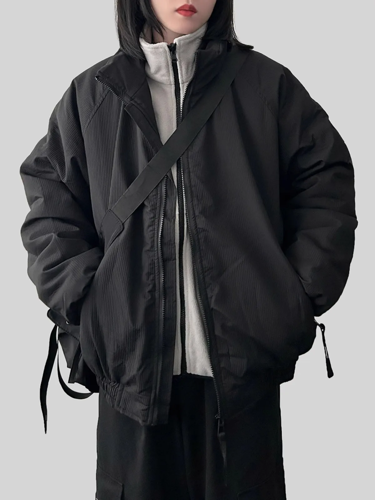 

Retro Japanese Sle Thiened Bread Cotton Jaet ex Winter Loose Workwear Cotton Coat Vertical Stripes Stand Collar