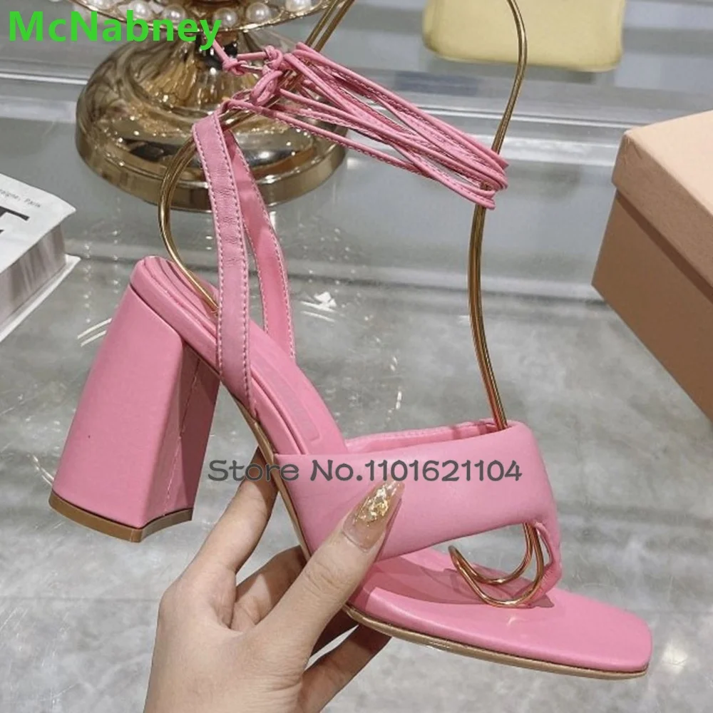 Square Toe Ankle Lace-up Sandals For Female Women 2024 Newest Luxury Flip Flop Summer Chunky Heel Sexy Elegant Fashion Shoes