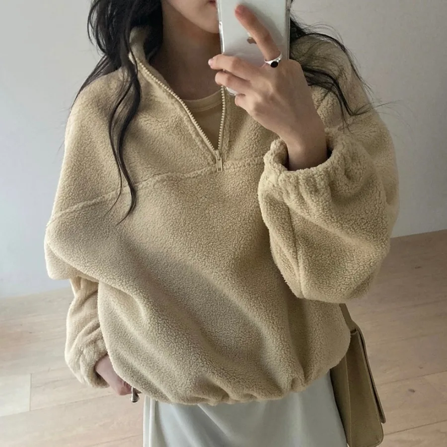 Chique herfst winter anti-aging retro klein ontwerp gevoel personali ritssluiting aan de voorkant kleine opstaande kraag fce hoodie damesstolsel...