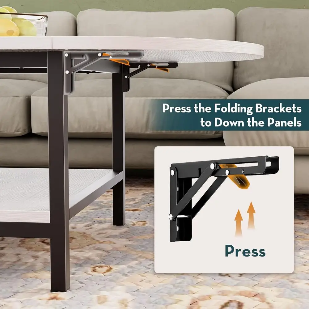 White 2-Tier Storage Coffee Table with Foldable Panels for Living Room, Suitable for Any Space