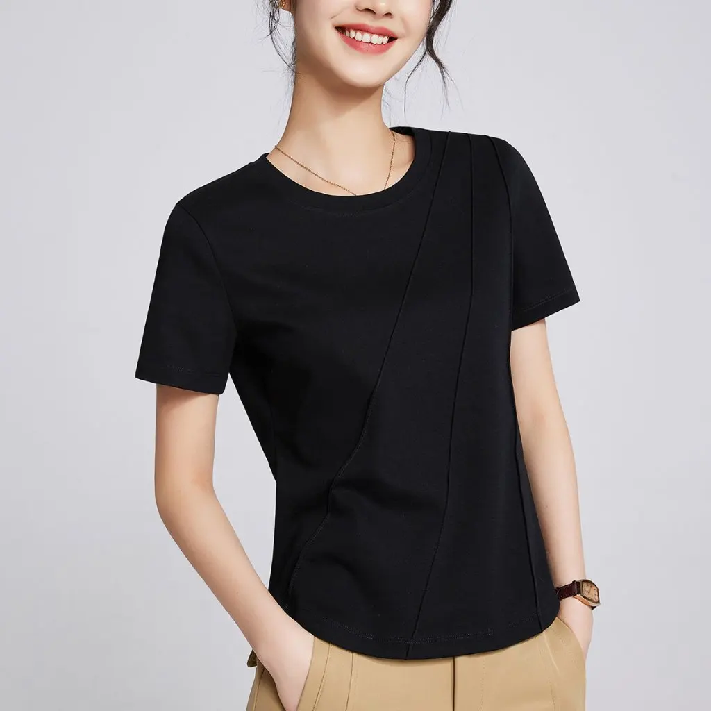 

White Women's Loose T-shirt Short-Sleeved Summer Cool Mercerized Cotton Slimming Fishbone Shoulder round Neck Top