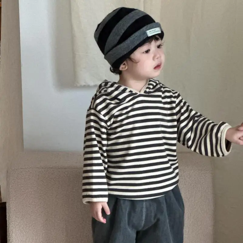 Toddler Boys Casual Pullover Infant Girls Striped Hoodie 2025 Winter New Baby Long Sleeve Hooded Sweatshirt Plus Velvet Thick #1