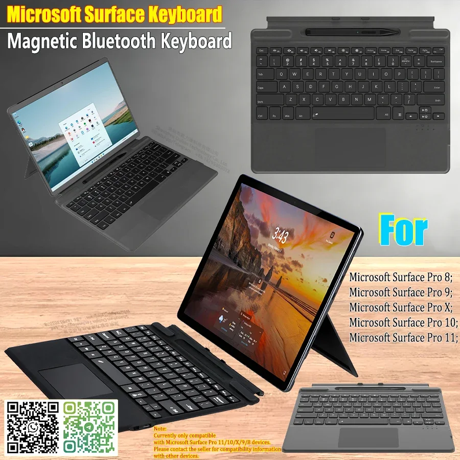 Microsoft Surface Pro 11/10/X/9/8 Bluetooth Magnetic Keyboard with Stylus Pen/Touchpad，7-color Backlit Keyboard 78-key English