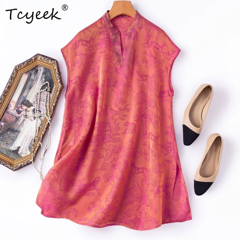 

Tcyeek 100% Real Mulberry Silk Tops for Women 2026 Summer Chinese-style Rose-pink Golden Mid-length Vest Lady Clothes Ropa Mujer