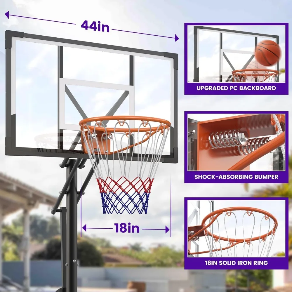 sistema de cesta de basquete ao ar livre com altura ajustável para crianças e adultos - 5,3 a 10 pés, tabela de nível profissional de 43,3 polegadas, ideal para