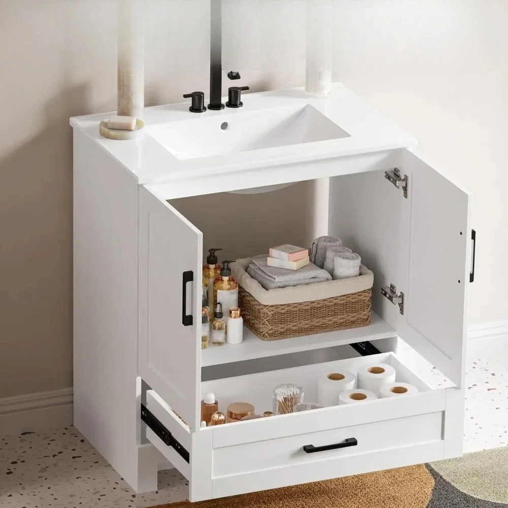 

30" Bathroom cabinet with Sink & Soft-Close Doors & Storage Drawer for Small Bathrooms, Undermount Ceramic Sink, Easy Assembly