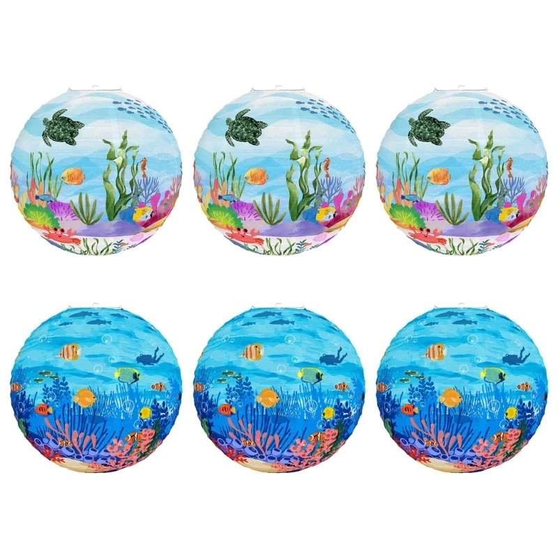 367A 3Pcs Marine Themed Lanterns Hangings Ocean Atmosphere Paper Lanterns Hangings for Celebration and Home Styling