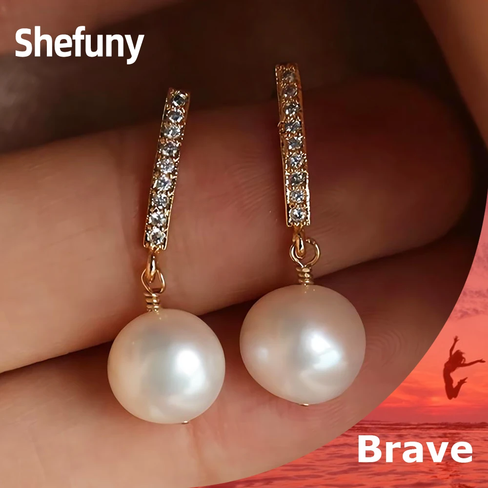 

Shefuny 925 Sterling Silver Retro Freshwater Pearls Stud Earrings Luxury Clear Zirconia Earrings For Women Fine Jewelry Gift