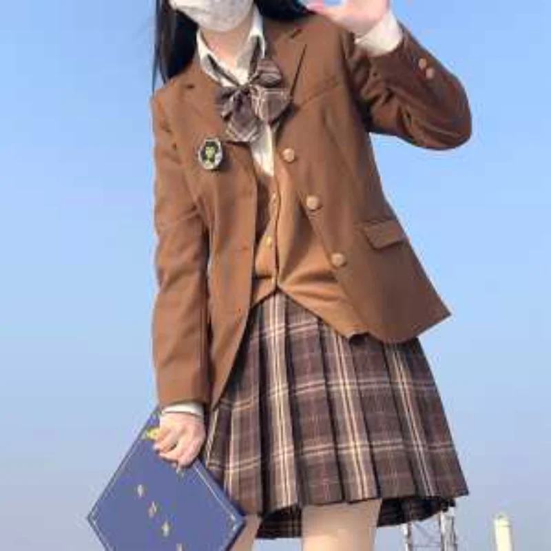 Japanese College Style Jk Uniform Outer Wear Waist Cosplay Women's Brown Jacket
