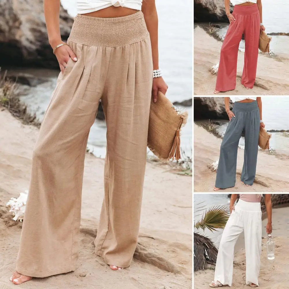 

Solid Wide Leg Pants Women Casual Loose Office Lady Trousers Vintage Fashion Elastic Waist Pantalon Cotton Linen Pants