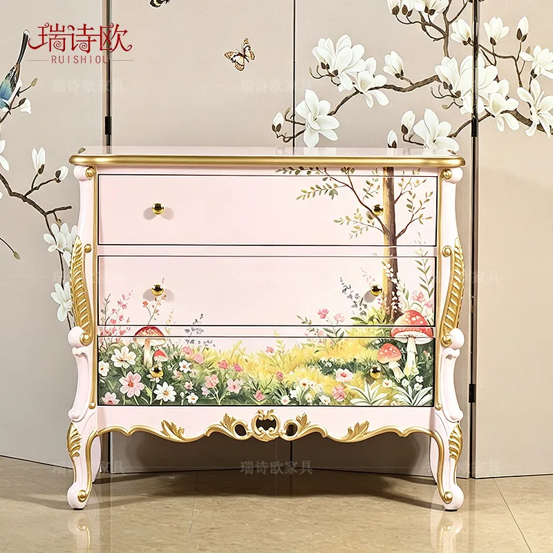 French painted three-bucket cabinet girl pink fairy tale mushroom flower bird hand-painted entrance cabinet light luxury living