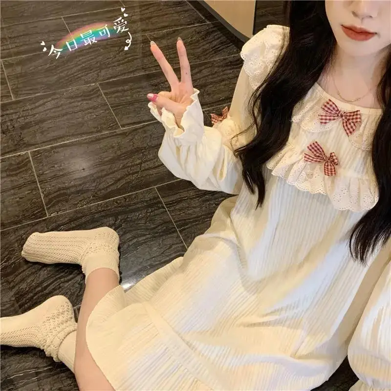 Lace Women Nightgown Korean Sleepwear Ruffle Nightwear Autumn Night Dress Long Sleeve One Piece Pajamas Bow Solid Home Wear New