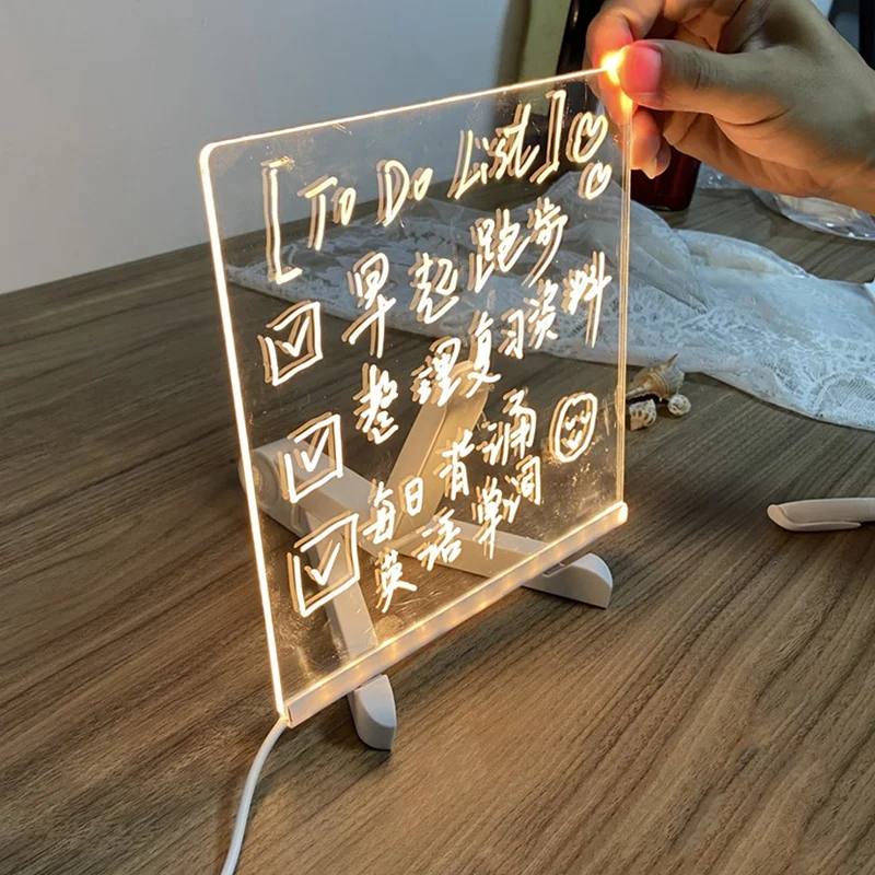 NEW-LED Acrylic Message Board Light USB Luminous Drawing Board Memo With Bracket Children's Gift,20X20CM