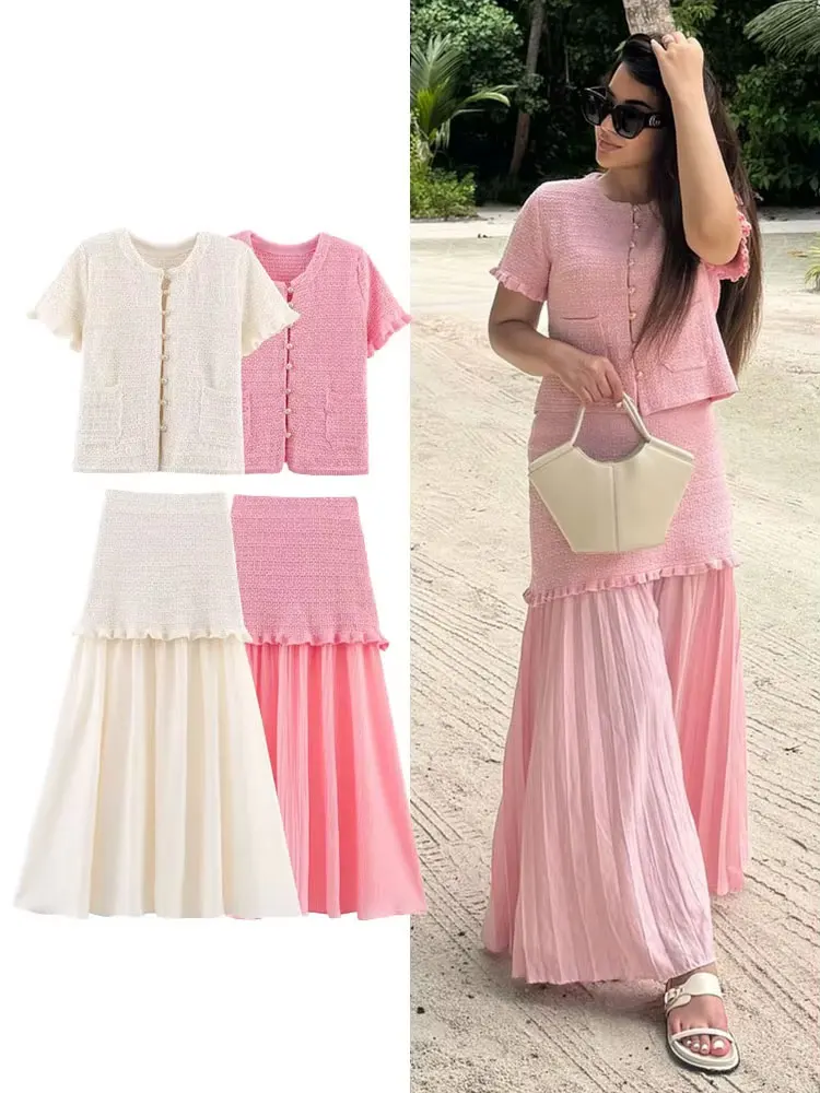 

HH Female Summer Fashion Knitted Suit Short Sleeves O Neck Single Breasted Cardigan Tops +Patchwork A-line Skirt Elegant Set