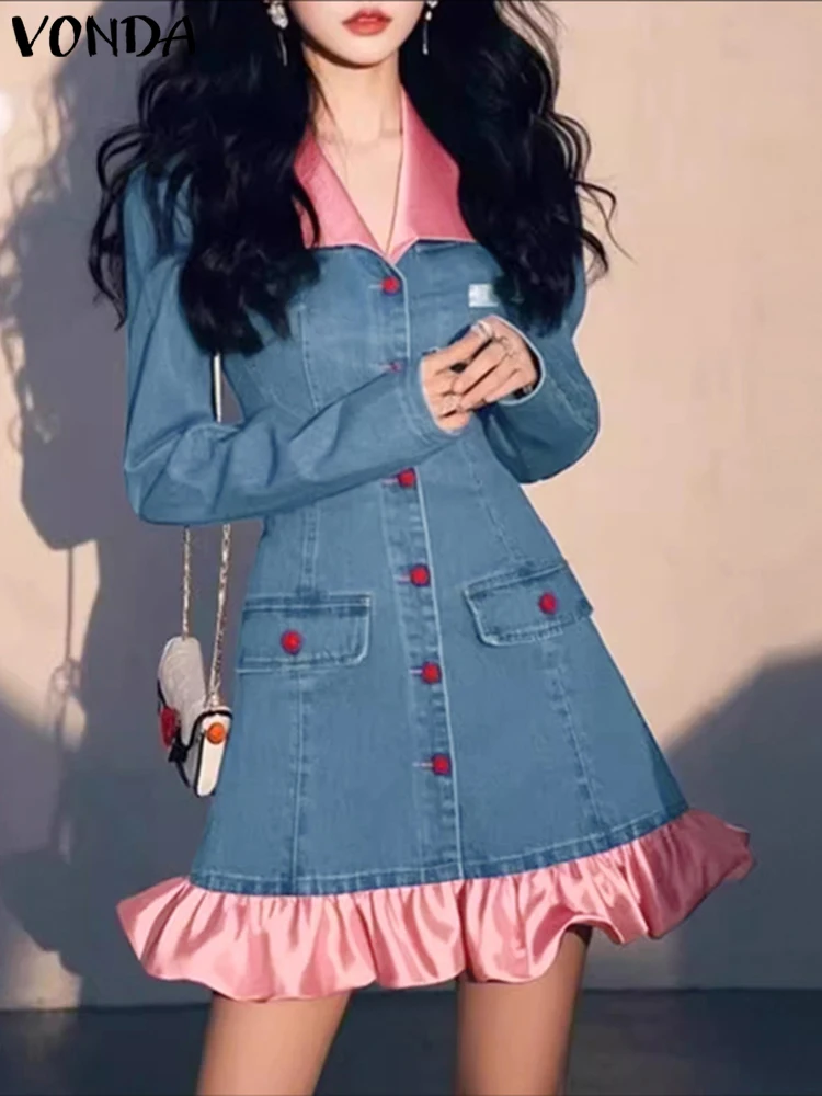 VONDA Mode Mini Kleid Frauen Langarm Farbe Patchwork Casual Party Kurze Vestidos 2026 Revers Frühling Rüschen Elegante Robe